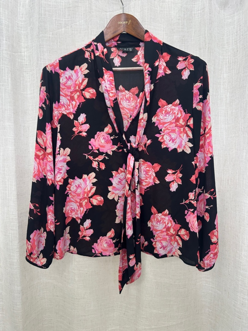 J. Crew Long Sleeve Black & Pink Blouse with Tie At Neck Size Small